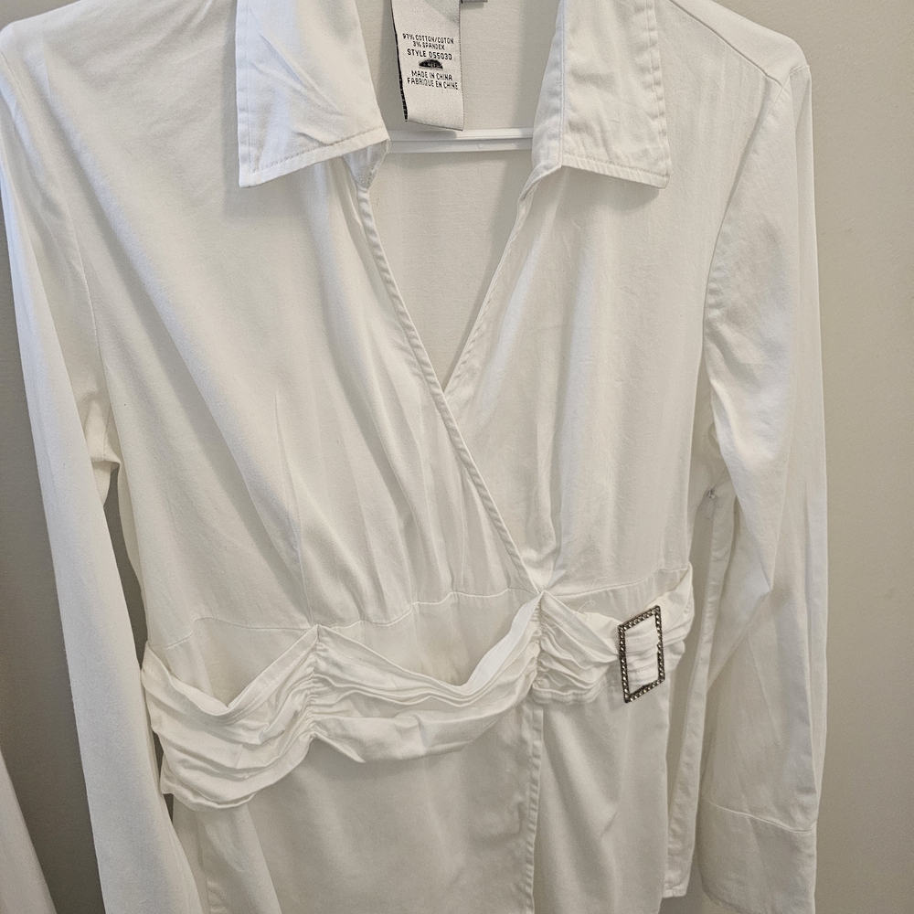 Fred David White Wrap Blouse with Buckle Detail
